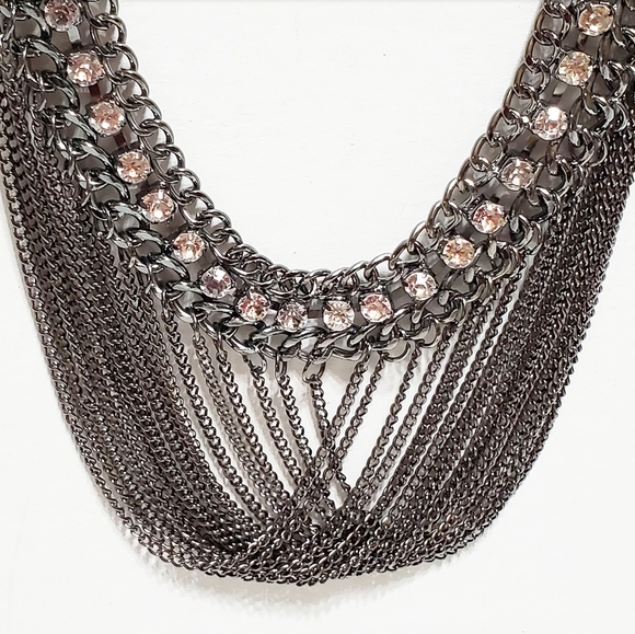 Necklace: Edgy Looking Multi Strand Chain with Crystals Gunmetal Color - Picture 2 of 8